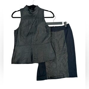 DKNY Black Lamb Nappa Leather & Stretch Knit 2 Pc Skirt Set S Peplum Modernist